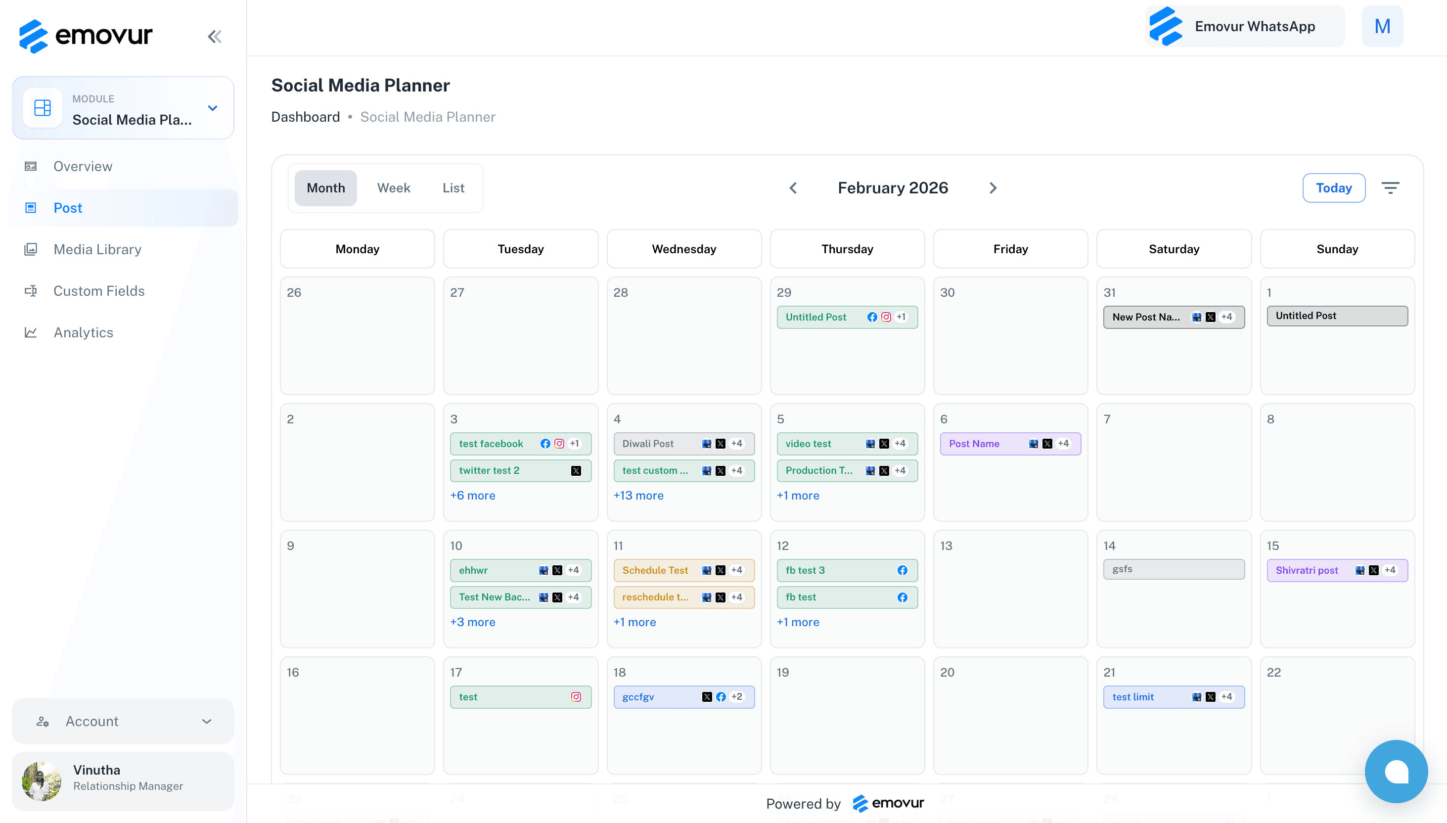 Emovur SMM multi-location content calendar calendar dashboard